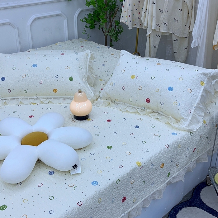 91家纺网 家纺一手货源 找家纺 禧瑞谷 2025新款全棉纯棉双层花边绗缝夹棉榻榻米支持定制农村大炕盖 笑脸