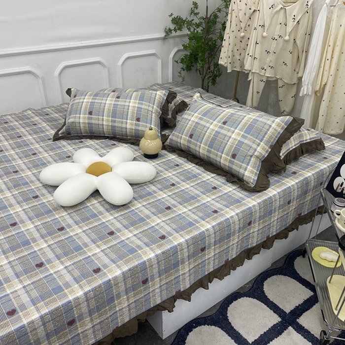 91家纺网 家纺一手货源 找家纺 禧瑞谷 2025新款全棉纯棉双层花边绗缝夹棉榻榻米支持定制农村大炕盖格调蓝