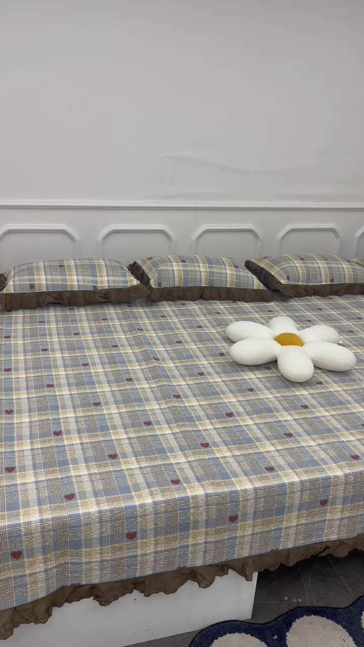 91家纺网 家纺一手货源 找家纺 禧瑞谷 2025新款全棉纯棉双层花边绗缝夹棉榻榻米支持定制农村大炕盖格调蓝