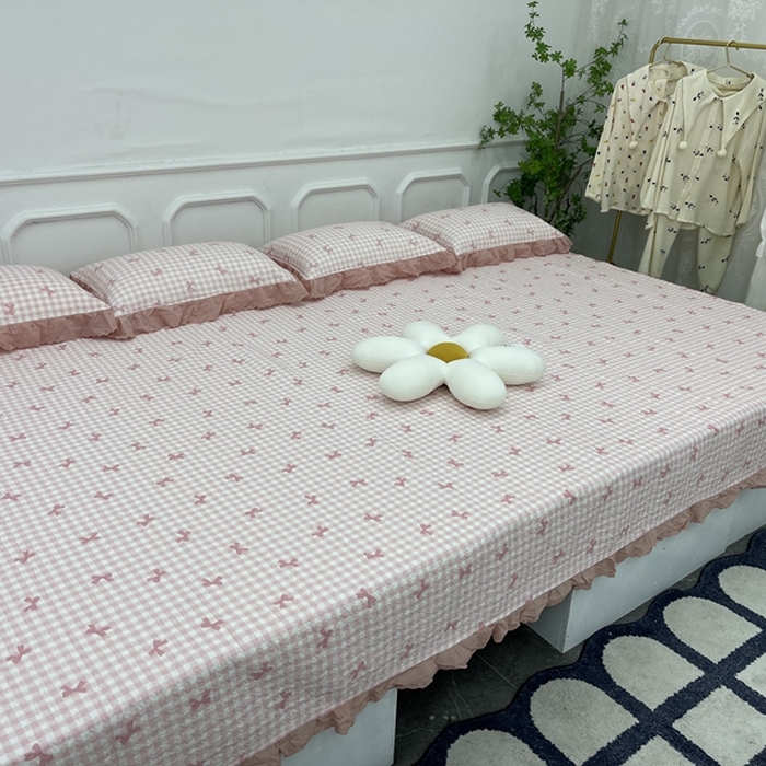 91家纺网 家纺一手货源 找家纺 禧瑞谷 2025新款全棉纯棉双层花边绗缝夹棉榻榻米支持定制农村大炕盖洛丽塔粉