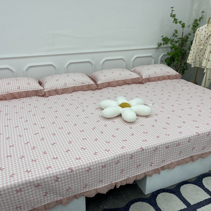 禧瑞谷 2025新款全棉纯棉双层花边绗缝夹棉榻榻米支持定制农村大炕盖洛丽塔粉