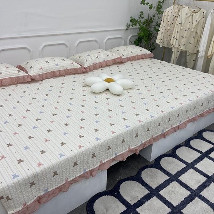 禧瑞谷 2025新款全棉纯棉双层花边绗缝夹棉榻榻米支持定制农村大炕盖彩条熊