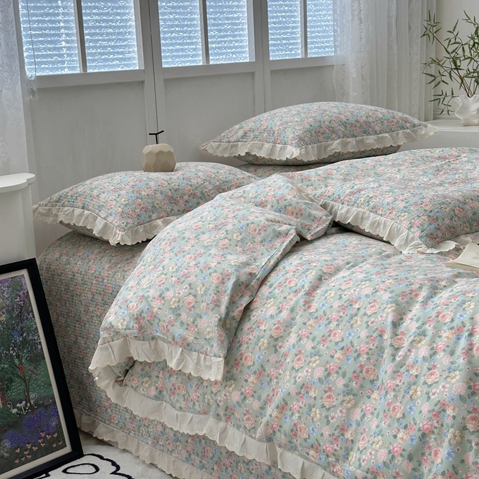 91家纺网 家纺一手货源 找家纺 佰织鑫2025新款纯棉砂洗全棉床盖款四件套-花蔓系列 花溪～绿