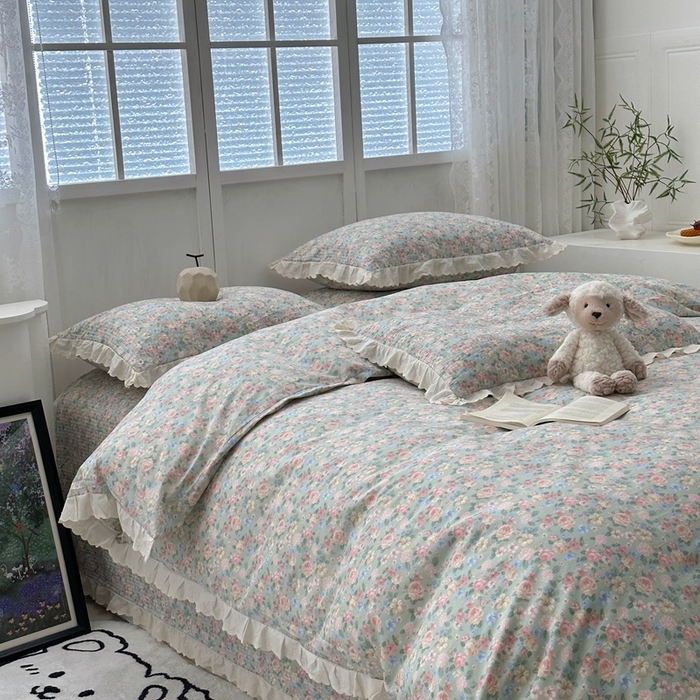 91家纺网 家纺一手货源 找家纺 佰织鑫2025新款纯棉砂洗全棉床盖款四件套-花蔓系列 花溪～绿