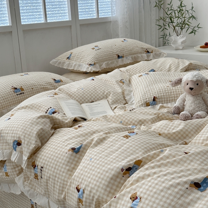 91家纺网 家纺一手货源 找家纺 佰织鑫2025新款纯棉砂洗全棉床盖款四件套-花蔓系列 俏皮狗