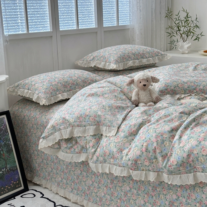 91家纺网 家纺一手货源 找家纺 佰织鑫2025新款纯棉砂洗全棉床盖款四件套-花蔓系列 花溪～绿