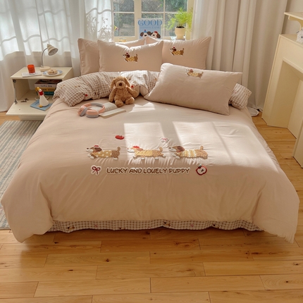 韩都家居 2025新款卡通软萌水洗棉毛巾绣四件套 趣味甜狗