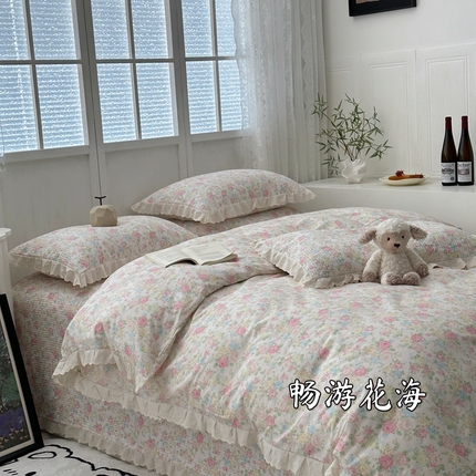 91家纺网 家纺一手货源 找家纺 （总）佰织鑫2025新款纯棉砂洗全棉床盖款四件套-花蔓系列