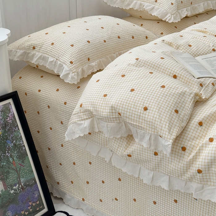 91家纺网 家纺一手货源 找家纺 佰织鑫2025新款纯棉砂洗全棉床盖款四件套-花蔓系列 橙意