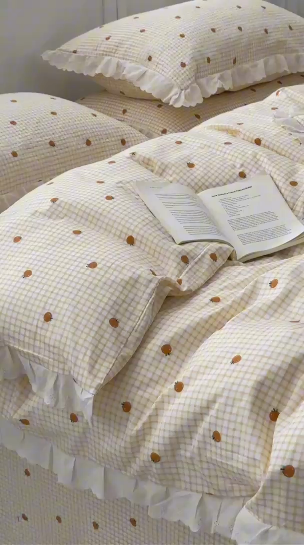 91家纺网 家纺一手货源 找家纺 佰织鑫2025新款纯棉砂洗全棉床盖款四件套-花蔓系列 橙意