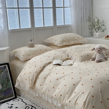 佰织鑫2025新款纯棉砂洗全棉床盖款四件套-花蔓系列 橙意