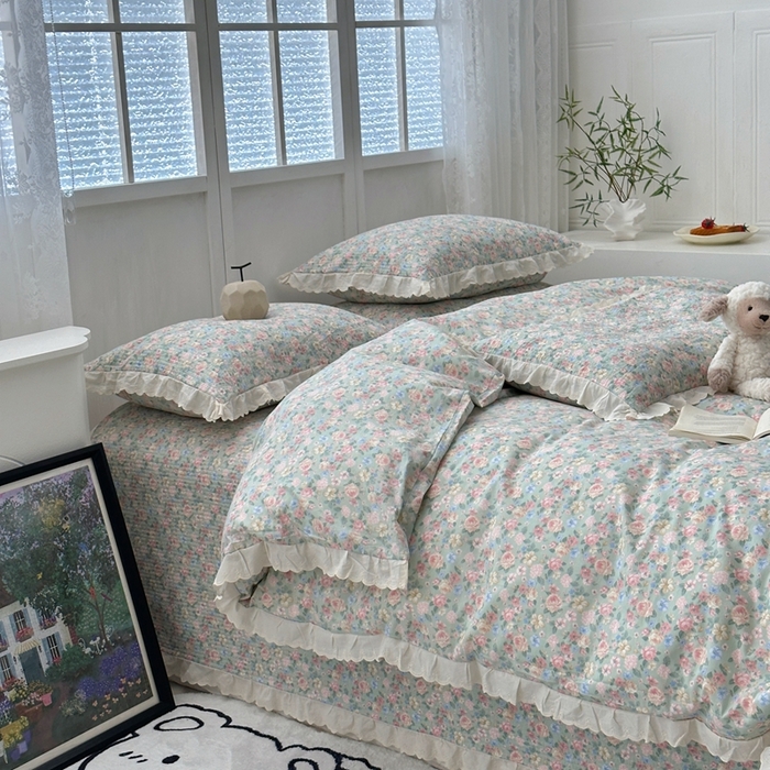 91家纺网 家纺一手货源 找家纺 佰织鑫2025新款纯棉砂洗全棉床盖款四件套-花蔓系列 花溪～绿