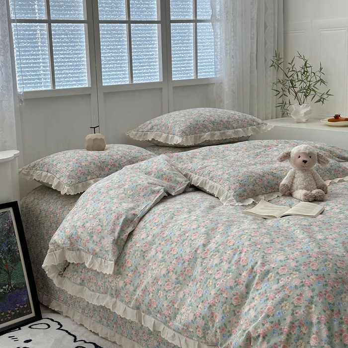 91家纺网 家纺一手货源 找家纺 佰织鑫2025新款纯棉砂洗全棉床盖款四件套-花蔓系列 花溪～绿