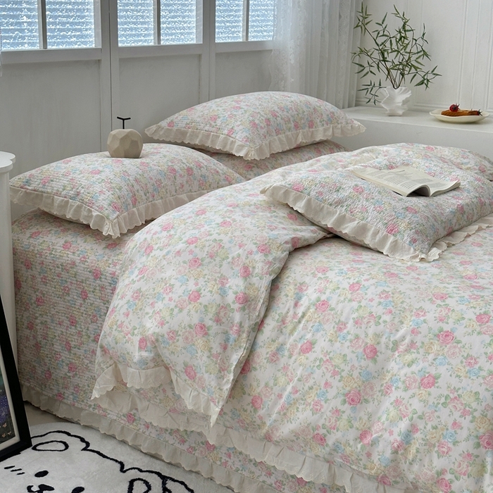 91家纺网 家纺一手货源 找家纺 佰织鑫2025新款纯棉砂洗全棉床盖款四件套-花蔓系列 畅游花海