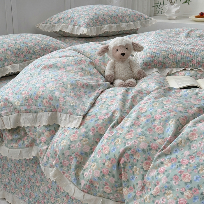 91家纺网 家纺一手货源 找家纺 佰织鑫2025新款纯棉砂洗全棉床盖款四件套-花蔓系列 花溪～绿