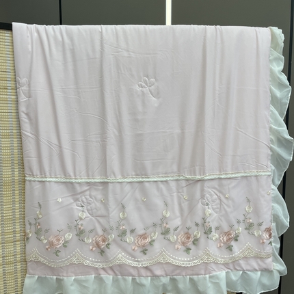 （總）仲旺居家紡2025年新款云柔天絲棉法式手工蕾絲刺繡雪紡花邊夏被四件套夏被床蓋四件套清新夏被