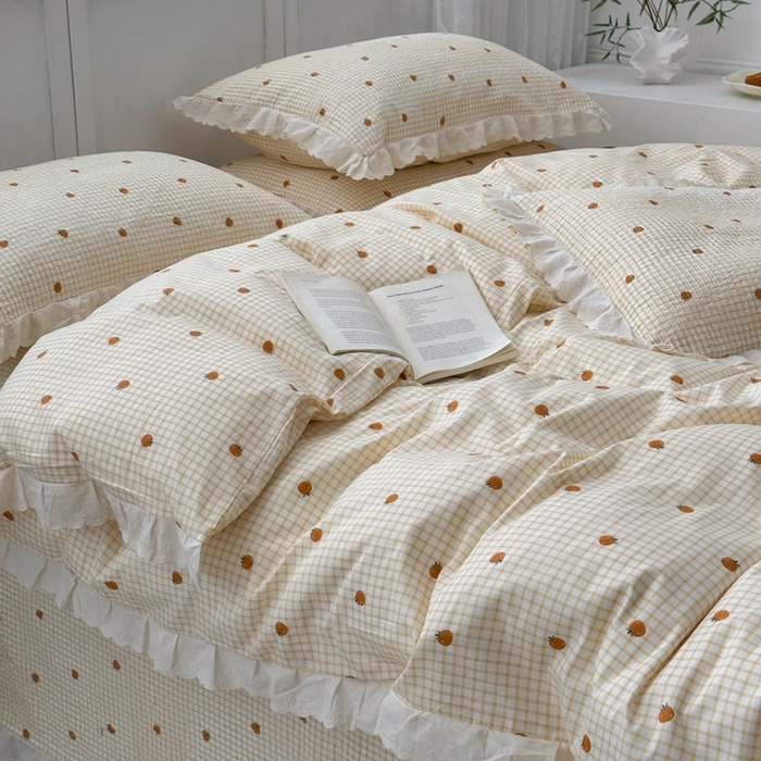 91家纺网 家纺一手货源 找家纺 佰织鑫2025新款纯棉砂洗全棉床盖款四件套-花蔓系列 橙意