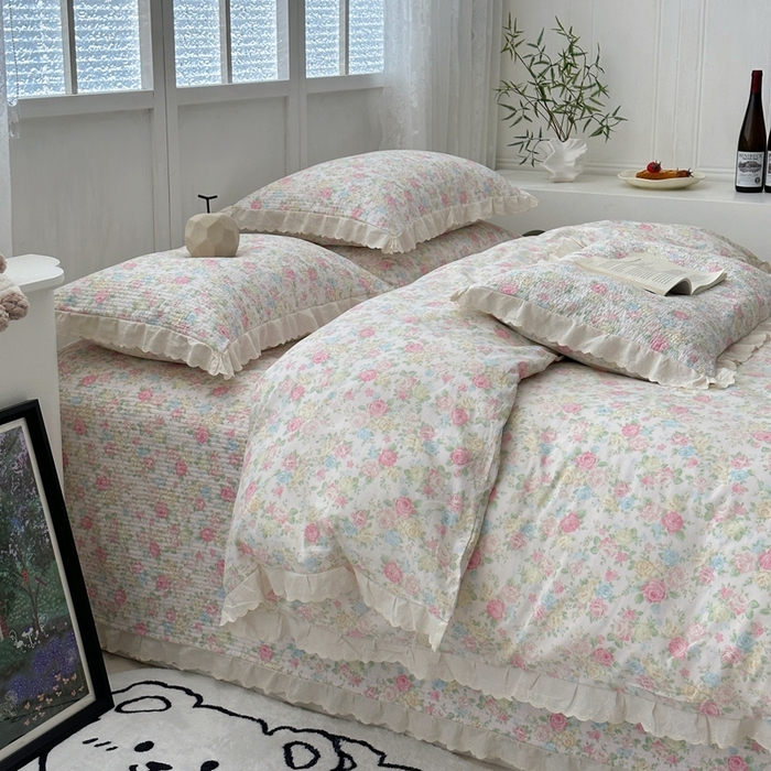 91家纺网 家纺一手货源 找家纺 佰织鑫2025新款纯棉砂洗全棉床盖款四件套-花蔓系列 畅游花海