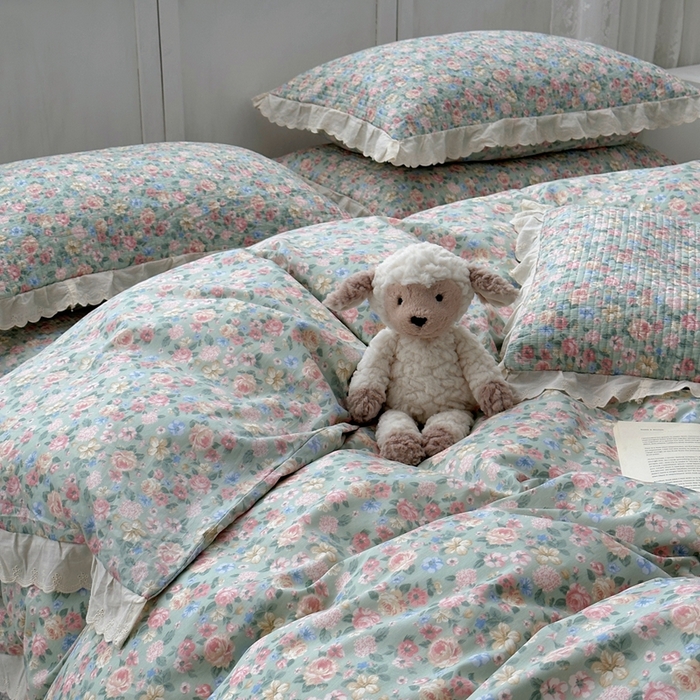 91家纺网 家纺一手货源 找家纺 佰织鑫2025新款纯棉砂洗全棉床盖款四件套-花蔓系列 花溪～绿