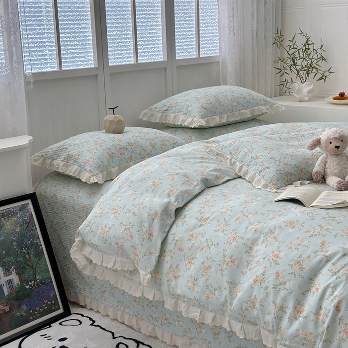 91家纺网 家纺一手货源 找家纺 佰织鑫2025新款纯棉砂洗全棉床盖款四件套-花蔓系列 夏沫