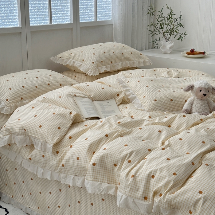 91家纺网 家纺一手货源 找家纺 佰织鑫2025新款纯棉砂洗全棉床盖款四件套-花蔓系列 橙意