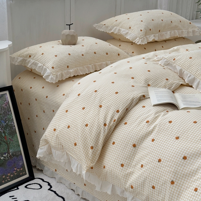 91家纺网 家纺一手货源 找家纺 佰织鑫2025新款纯棉砂洗全棉床盖款四件套-花蔓系列 橙意