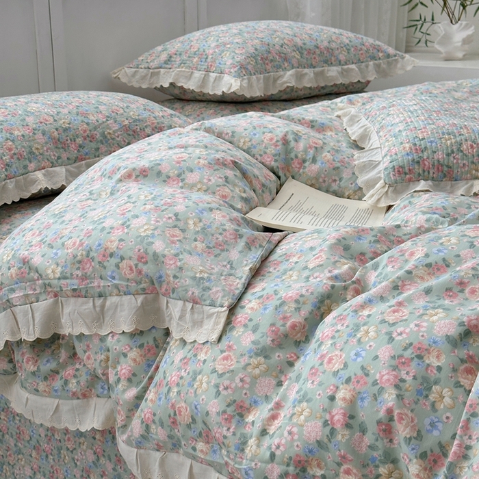 91家纺网 家纺一手货源 找家纺 佰织鑫2025新款纯棉砂洗全棉床盖款四件套-花蔓系列 花溪～绿