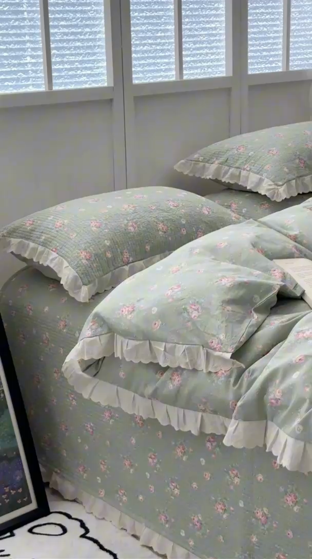 91家纺网 家纺一手货源 找家纺 佰织鑫2025新款纯棉砂洗全棉床盖款四件套-花蔓系列 春至