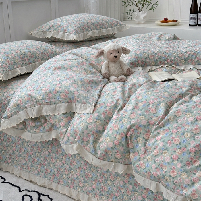 91家纺网 家纺一手货源 找家纺 佰织鑫2025新款纯棉砂洗全棉床盖款四件套-花蔓系列 花溪～绿