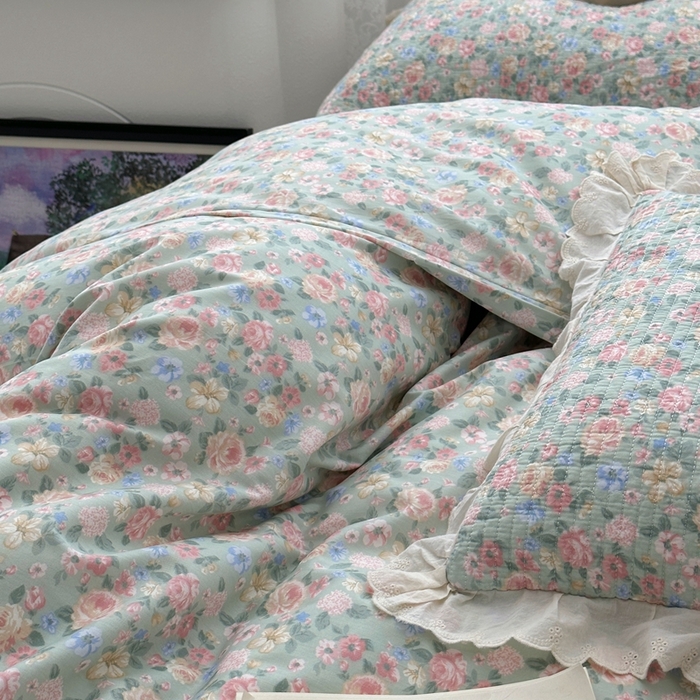 91家纺网 家纺一手货源 找家纺 佰织鑫2025新款纯棉砂洗全棉床盖款四件套-花蔓系列 花溪～绿