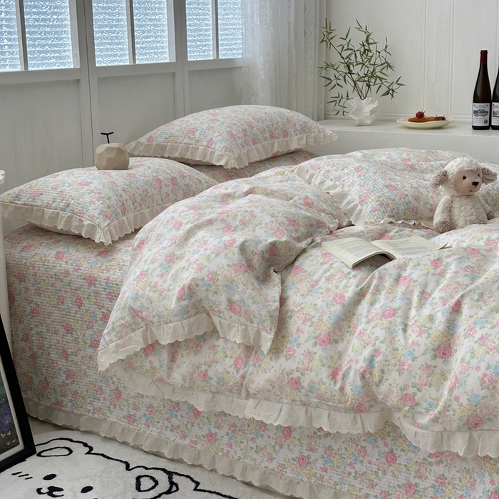 91家纺网 家纺一手货源 找家纺 佰织鑫2025新款纯棉砂洗全棉床盖款四件套-花蔓系列 畅游花海