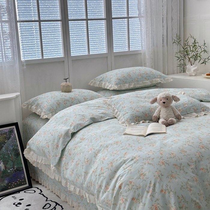 91家纺网 家纺一手货源 找家纺 佰织鑫2025新款纯棉砂洗全棉床盖款四件套-花蔓系列 夏沫