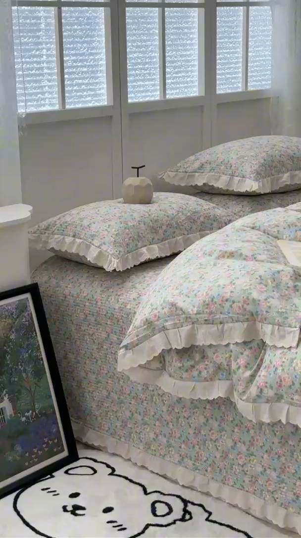 91家纺网 家纺一手货源 找家纺 佰织鑫2025新款纯棉砂洗全棉床盖款四件套-花蔓系列 花溪～绿