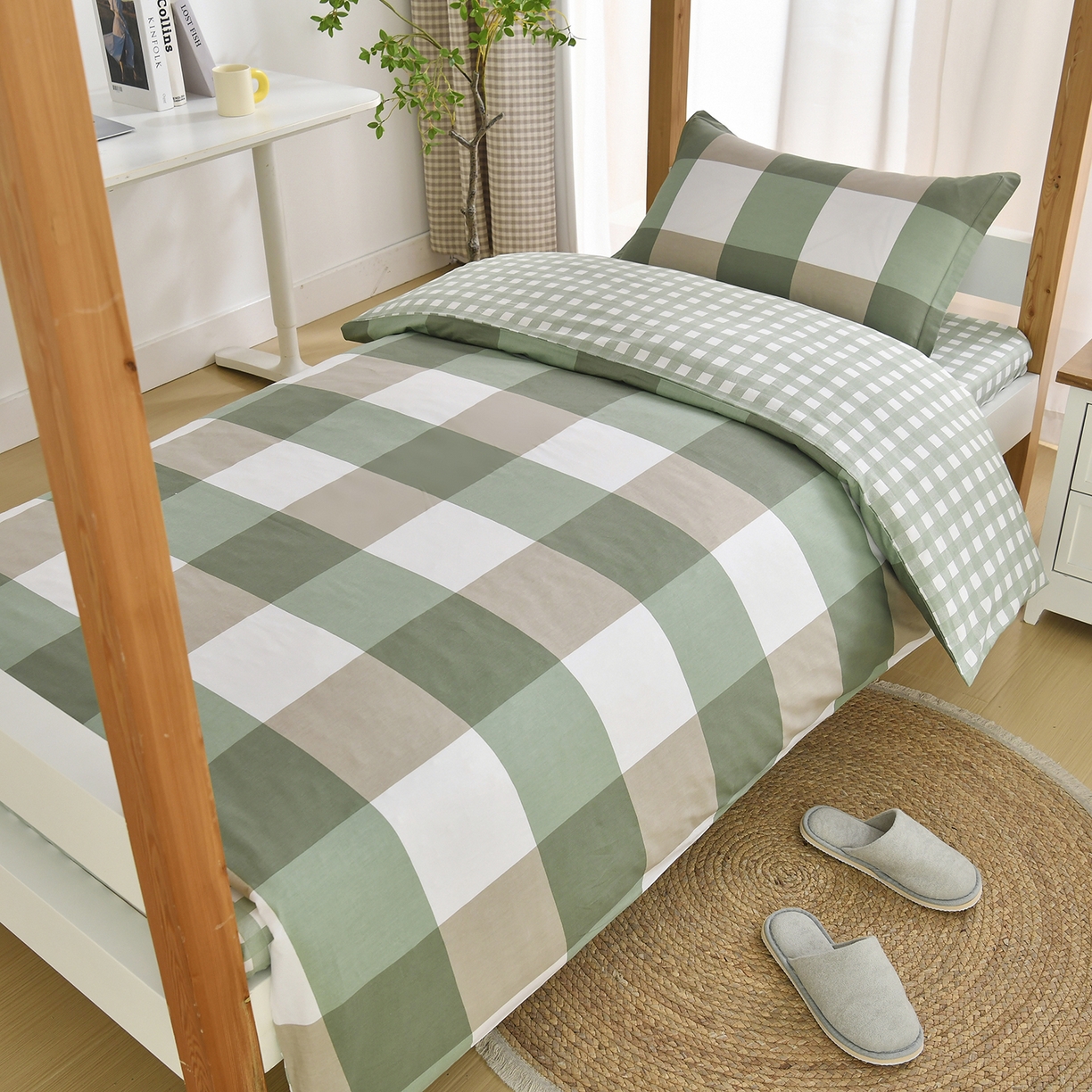 91家纺网 家纺一手货源 找家纺 乐旗家纺 2024新款13372全棉学生宿舍床单款三件套纯棉六件套 校园笔记-绿