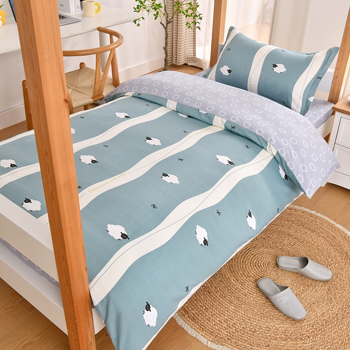 91家纺网 家纺一手货源 找家纺 乐旗家纺 2024新款13372全棉学生宿舍床单款三件套纯棉六件套 羊羊羊-蓝