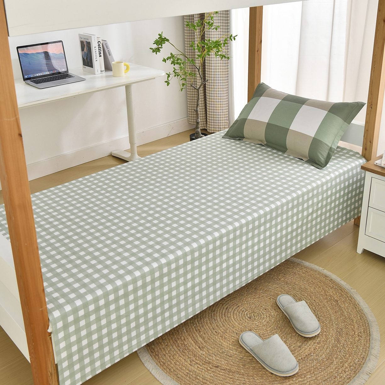 91家纺网 家纺一手货源 找家纺 乐旗家纺 2024新款13372全棉学生宿舍床单款三件套纯棉六件套 校园笔记-绿