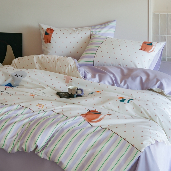 91家纺网 家纺一手货源 找家纺 （总）云胡 2025新款A类100%长绒棉纯棉四件套-猫咪日记