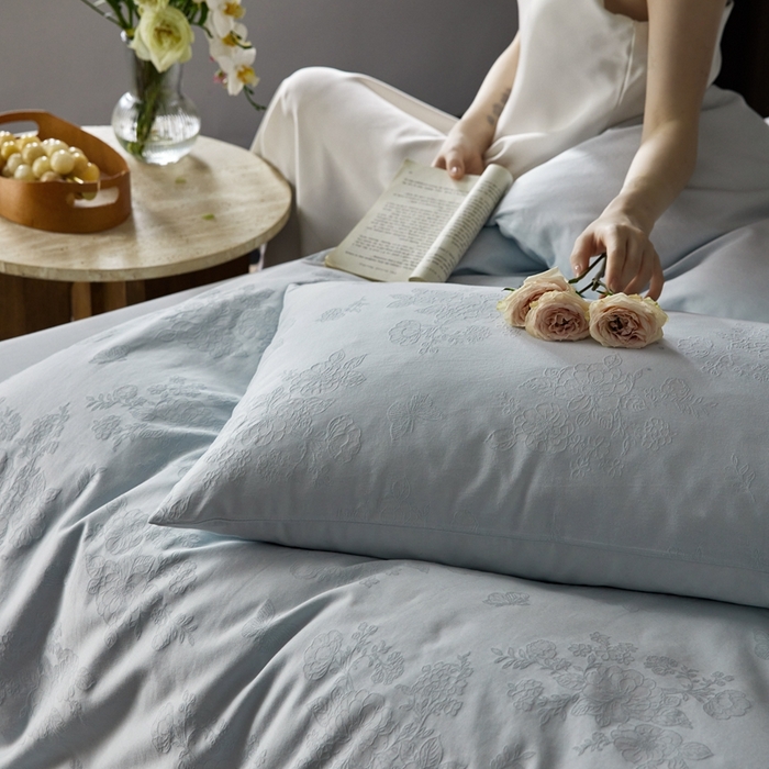 91家纺网 家纺一手货源 找家纺 （总）云胡 2025新款A类水洗工艺纯棉四件套-若曦-浅云蓝