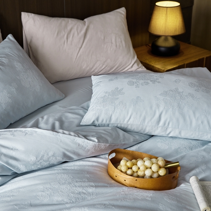 91家纺网 家纺一手货源 找家纺 （总）云胡 2025新款A类水洗工艺纯棉四件套-若曦-浅云蓝