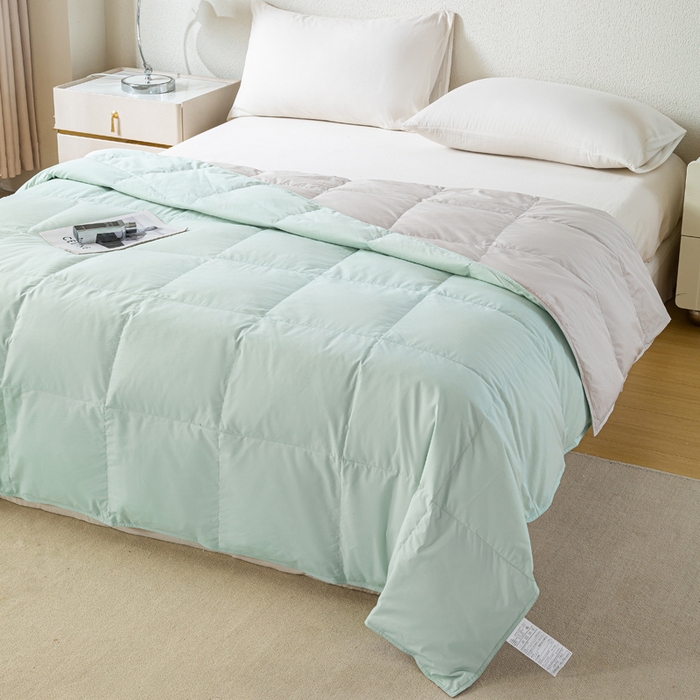 91家纺网 家纺一手货源 找家纺 圣梦莱羽绒家纺 2025春夏新款可水洗羽绒夏被 90拒水白鸭绒被子被芯羽绒（假一赔十万元） 浅绿+天云灰