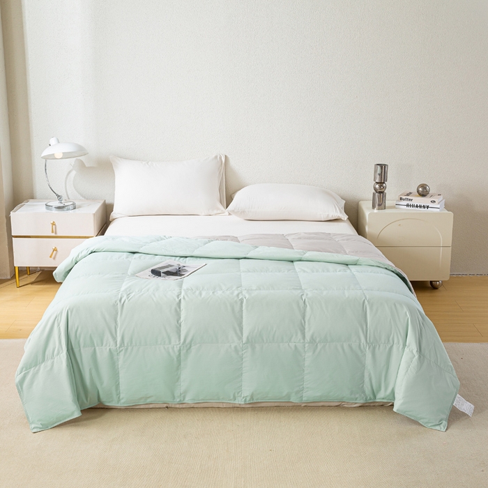 91家纺网 家纺一手货源 找家纺 圣梦莱羽绒家纺 2025春夏新款可水洗羽绒夏被 90拒水白鸭绒被子被芯羽绒（假一赔十万元） 浅绿+天云灰