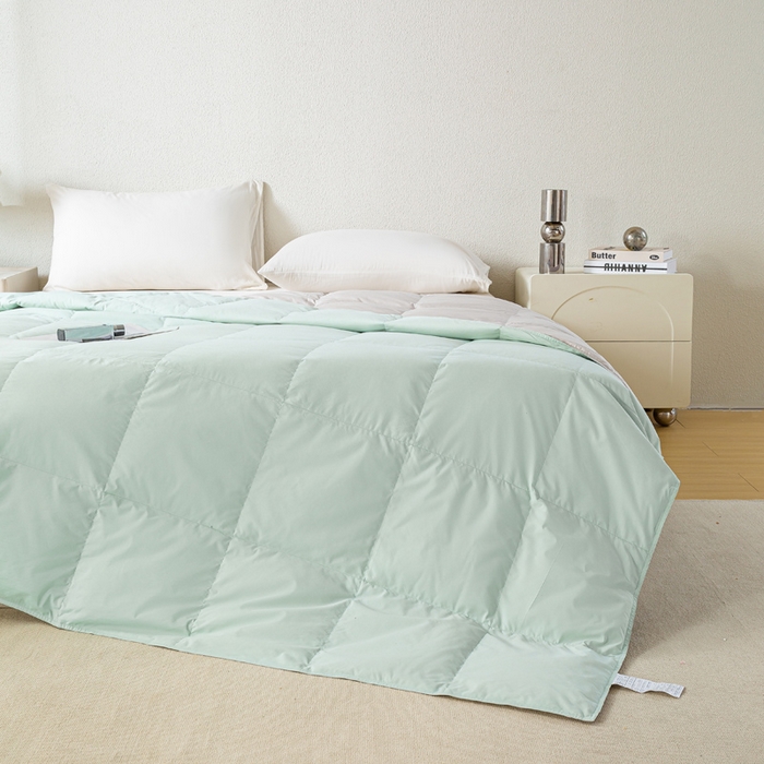 91家纺网 家纺一手货源 找家纺 圣梦莱羽绒家纺 2025春夏新款可水洗羽绒夏被 90拒水白鸭绒被子被芯羽绒（假一赔十万元） 浅绿+天云灰