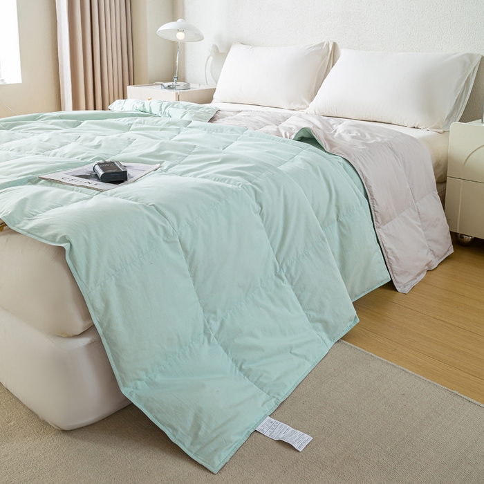 91家纺网 家纺一手货源 找家纺 圣梦莱羽绒家纺 2025春夏新款可水洗羽绒夏被 90拒水白鸭绒被子被芯羽绒（假一赔十万元） 浅绿+天云灰