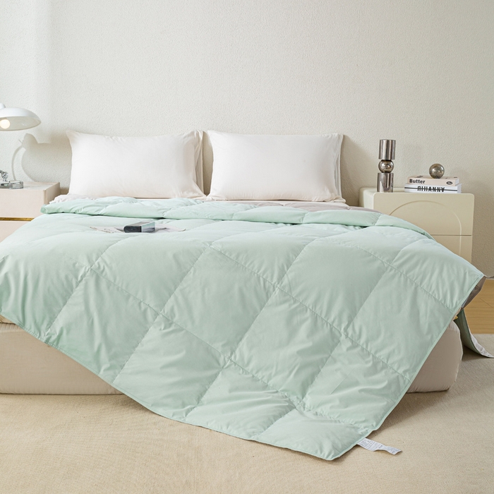 91家纺网 家纺一手货源 找家纺 圣梦莱羽绒家纺 2025春夏新款可水洗羽绒夏被 90拒水白鸭绒被子被芯羽绒（假一赔十万元） 浅绿+天云灰