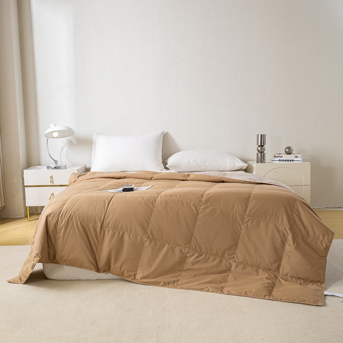 91家纺网 家纺一手货源 找家纺 圣梦莱羽绒家纺 2025春夏新款可水洗羽绒夏被 90拒水白鸭绒被子被芯羽绒（假一赔十万元） 咖棕+咖金