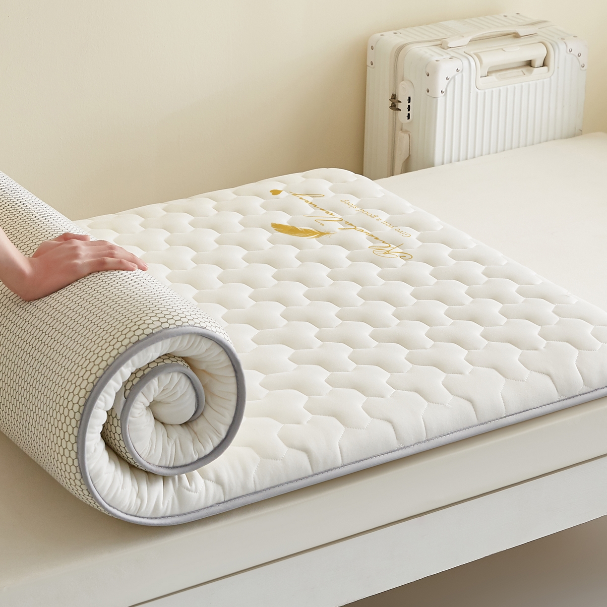 91家纺网 家纺一手货源 找家纺 希廷顿 2025春夏新款多边形宿舍床垫单床垫 白色-多边形-羽毛烫画