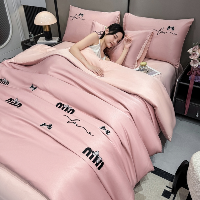 乐沐家纺 2025春夏新款水洗真丝绣花冰丝四件套 mm-豆沙粉