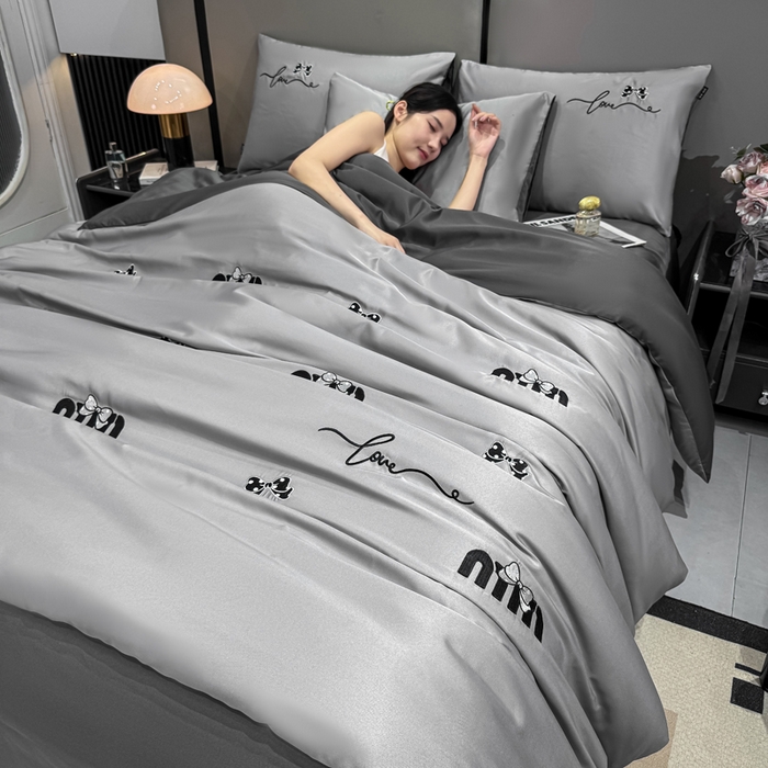 乐沐家纺 2025春夏新款水洗真丝绣花冰丝四件套 mm-烟云灰