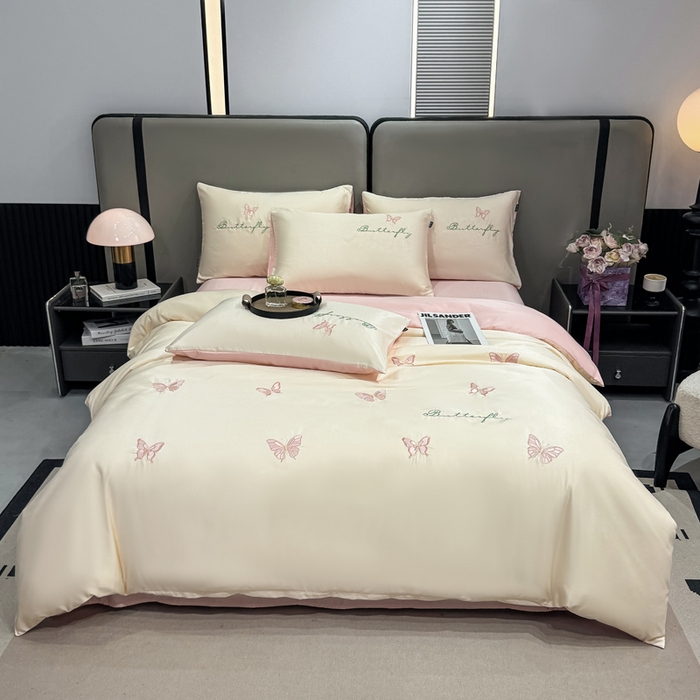 91家纺网 家纺一手货源 找家纺 乐沐家纺 2025春夏新款水洗真丝绣花冰丝四件套 蝴蝶-奶白粉