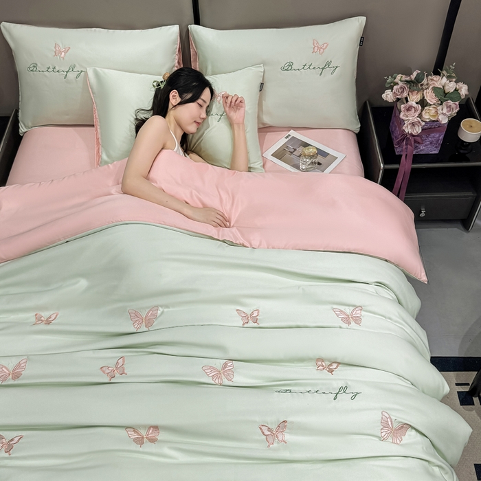 91家纺网 家纺一手货源 找家纺 乐沐家纺 2025春夏新款水洗真丝绣花冰丝四件套 蝴蝶-清香绿